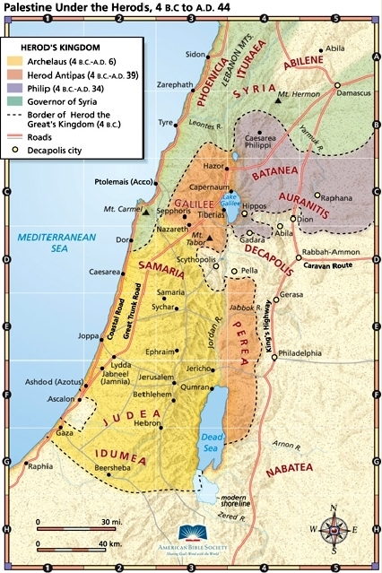 Biblical Map of Palestine under the Herods 4 B.C. – 44 A.D.
